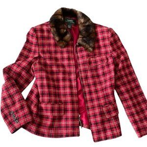 Gorgeous Red Plaid/Tartan Lauren Ralph Lauren Faux Fur Collar Jacket, Sz 8